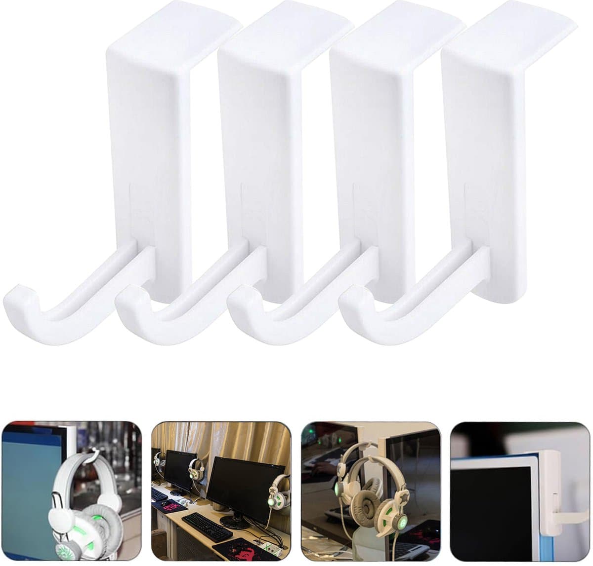 4 pack - Plastic hoofdtelefoonhouder - Koptelefoon Houder - Headset Houder - Rackstan daardhaak - voor computer Internetbar Bureau Kantoor -Monitor Houder - Zelfklevend(4-pack, Wit)
