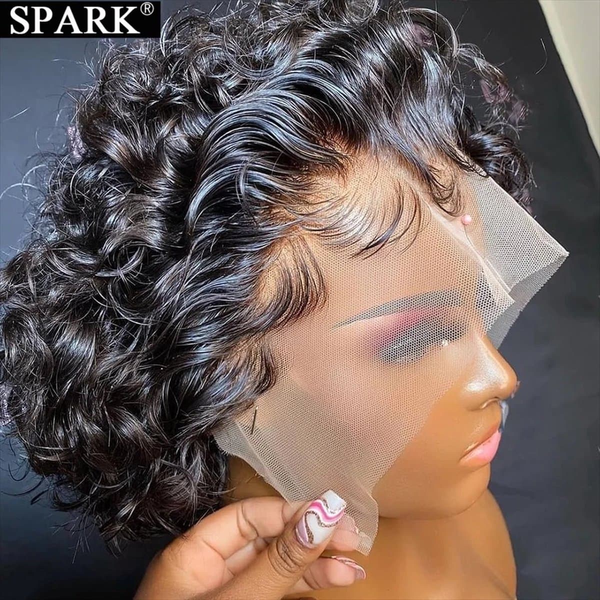 Pixie Cut - Short - Curly - Pruik - Brazilian - Human Hair - Natural Black - Pruik 13X1 Lace Front - Side Part - Lace - Remy Hair -Zwart