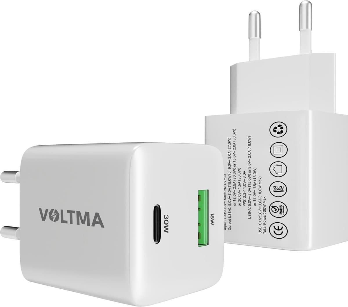 Voltma 30W USB-A en USB-C oplader - 2 poorten (Type-C/A) - usb c adapter met GaN-technologie - 30 Watt Oplaadstekker - snellader compatibel met iPhone15/Samsung S-serie/Note - Wit