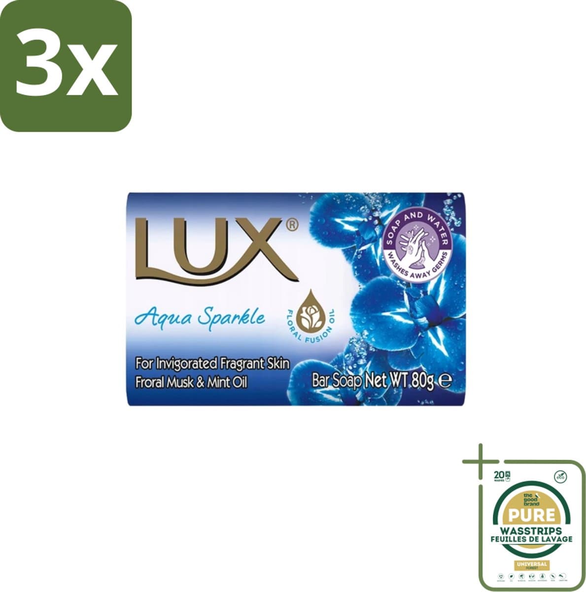 3 x Lux – Bar Soap – Aqua Sparkle – 80 g - Grootverpakking - Zeeptablet Aqua Sparkle - Aqua Sparkle Zeep - Luxe Zeep - Reinigende Zeep - Frisse Zeep