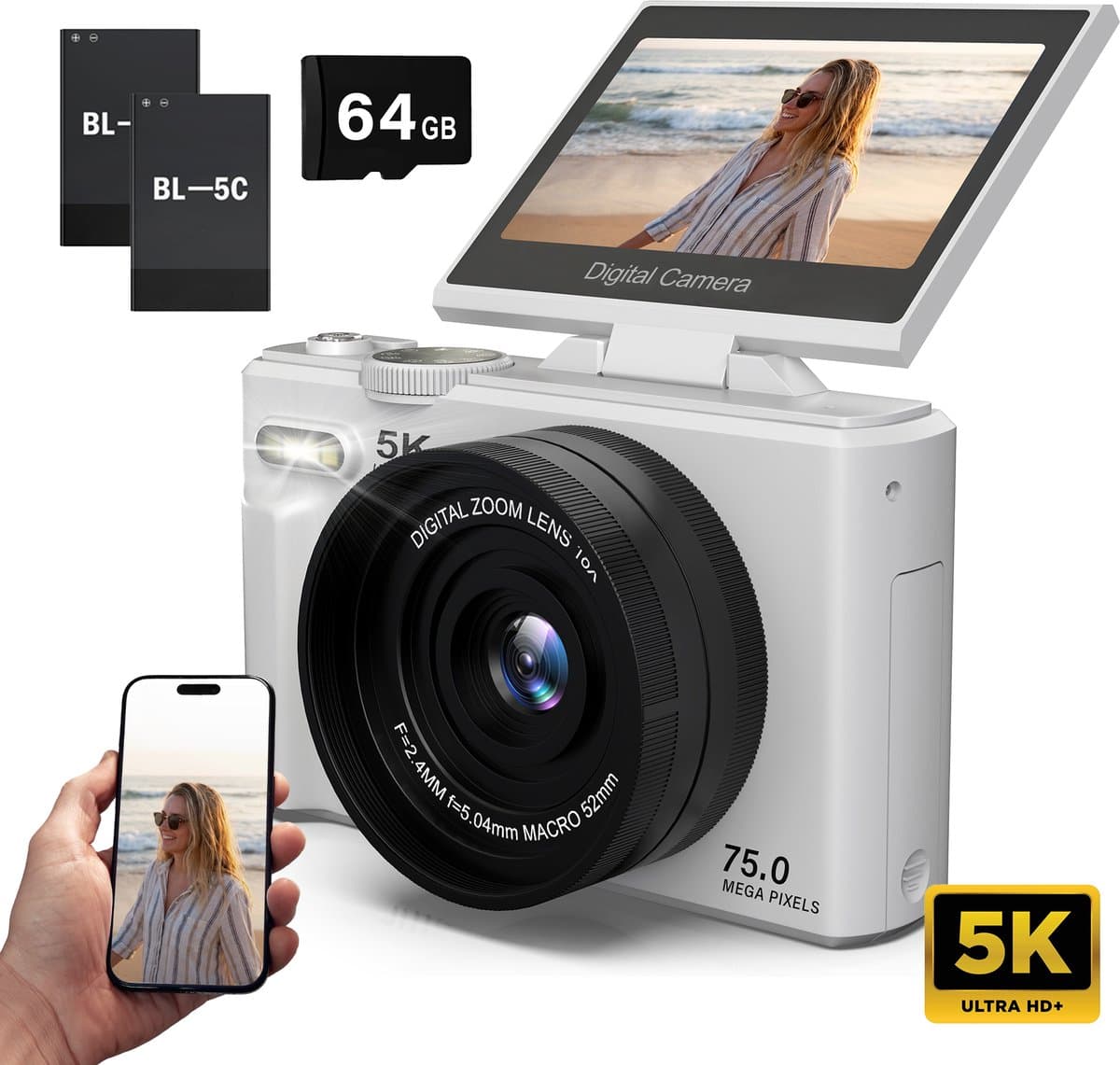 Nexino® Digitale Camera 5K - 75MP - Fototoestel - Compact Camera - Vlog Camera - Voor Kinderen - Wifi & App - Klapscherm - Incl. 64GB