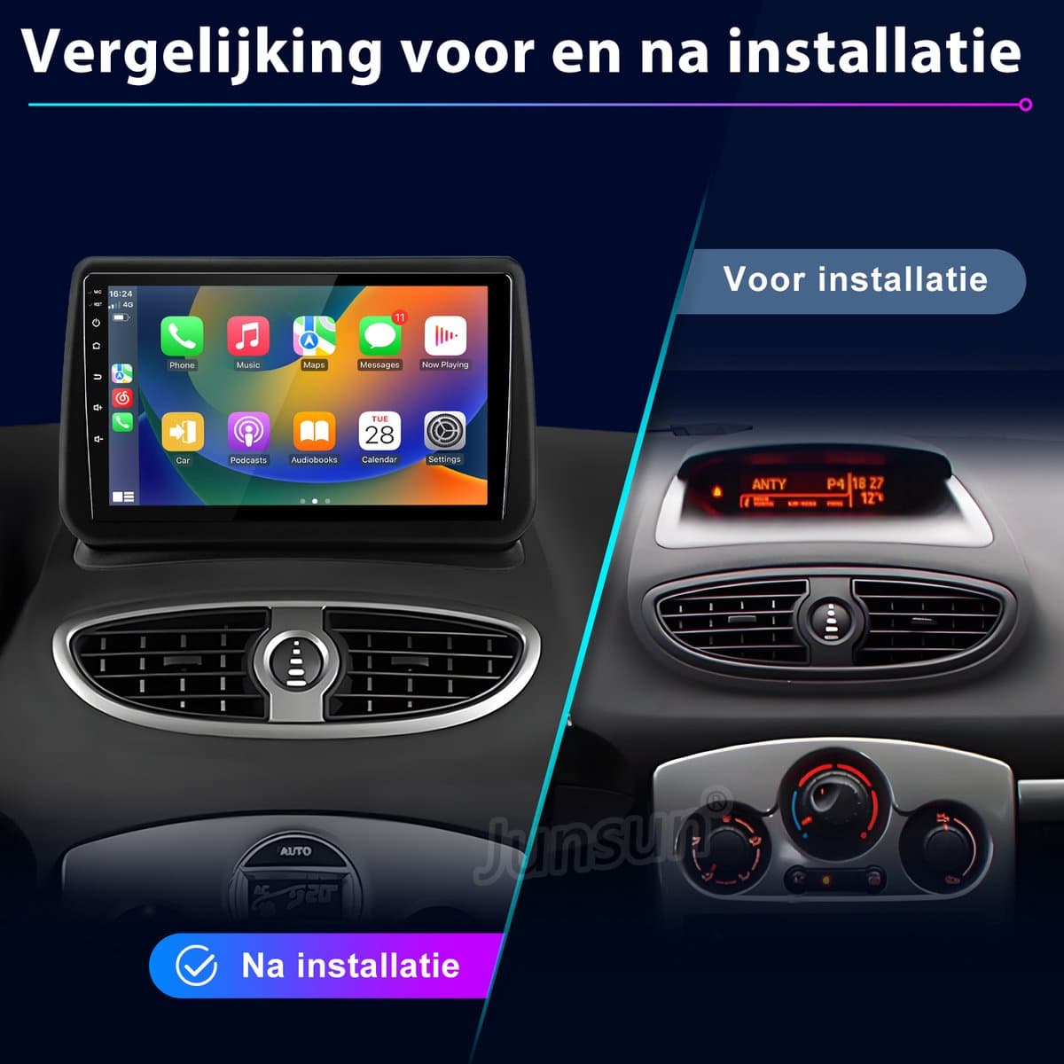 JUNSUN Autoradio - Geschikt voor Renault Clio 3 (2005-2014) Accessoires - Android 15 - Draadloos CarPlay & Android Auto - Bluetooth - 9 Inch IPS Touchscreen - Navigatiesysteem - 4GB+64GB - DSP -RDS - SWC - DAB+ - WiFi - Octa-core processor