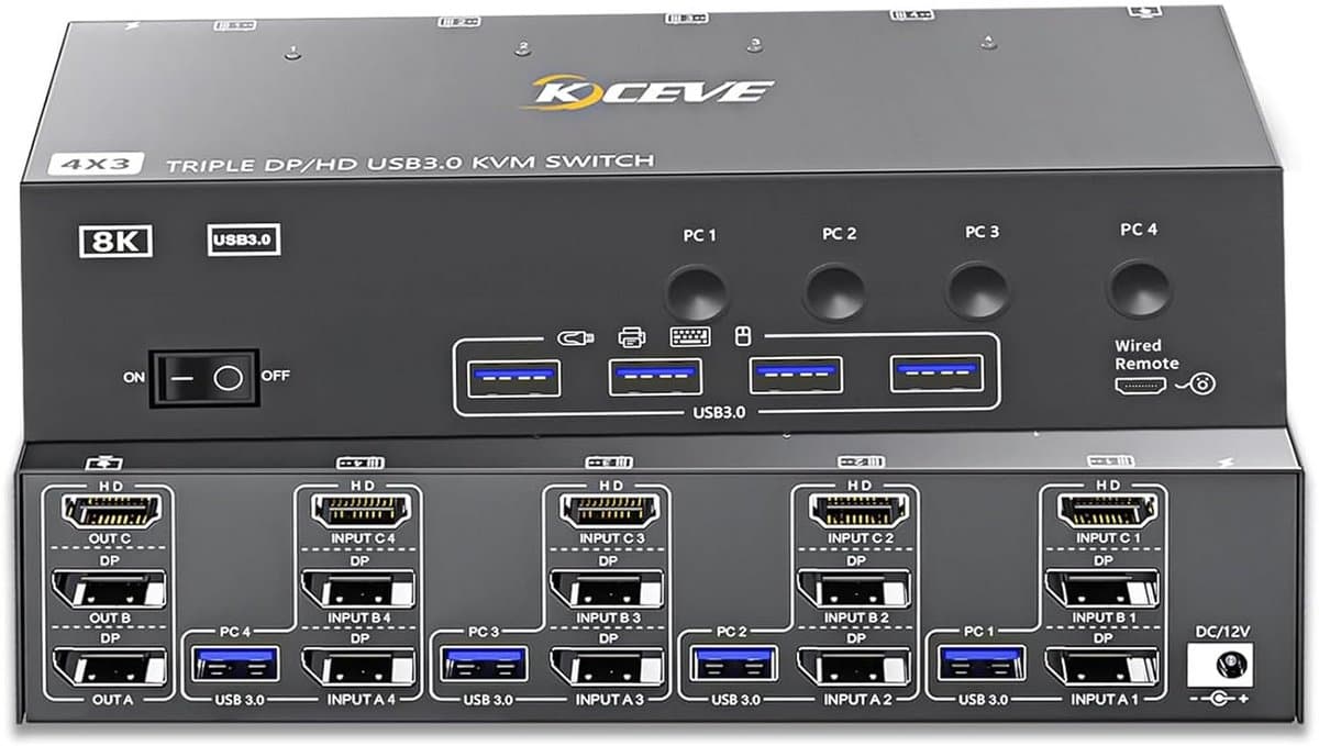 KVM Switch 4 PC naar 3 Monitoren 8K@60Hz/4K@144Hz met USB 3.0 en DisplayPort/HDMI