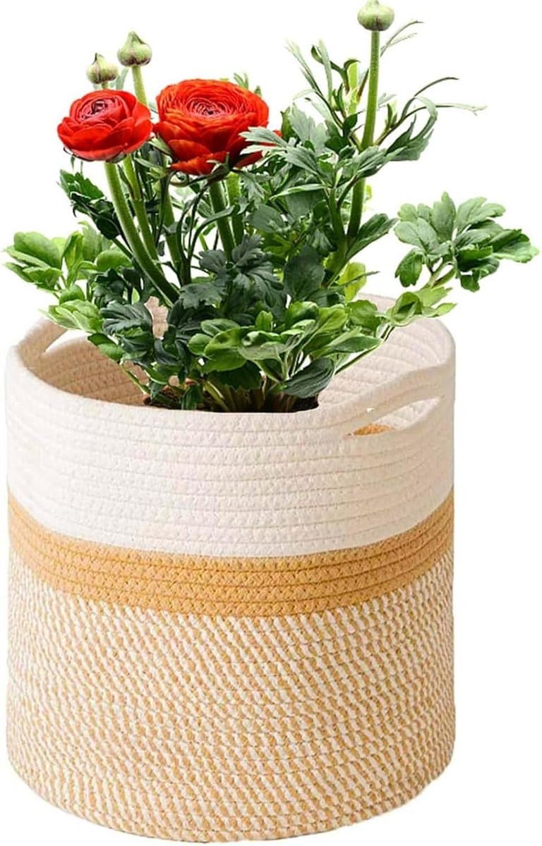 Gevlochten bloempot en opbergmand van katoen, 30 cm, wit en geel