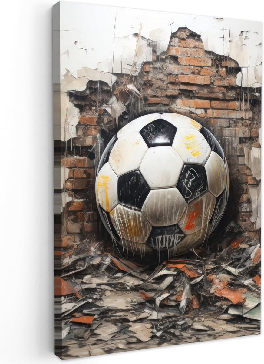 Canvas Schilderij Voetbal Zwart Wit 60x90cm - Wanddecoratie Woonkamer Slaapkamer