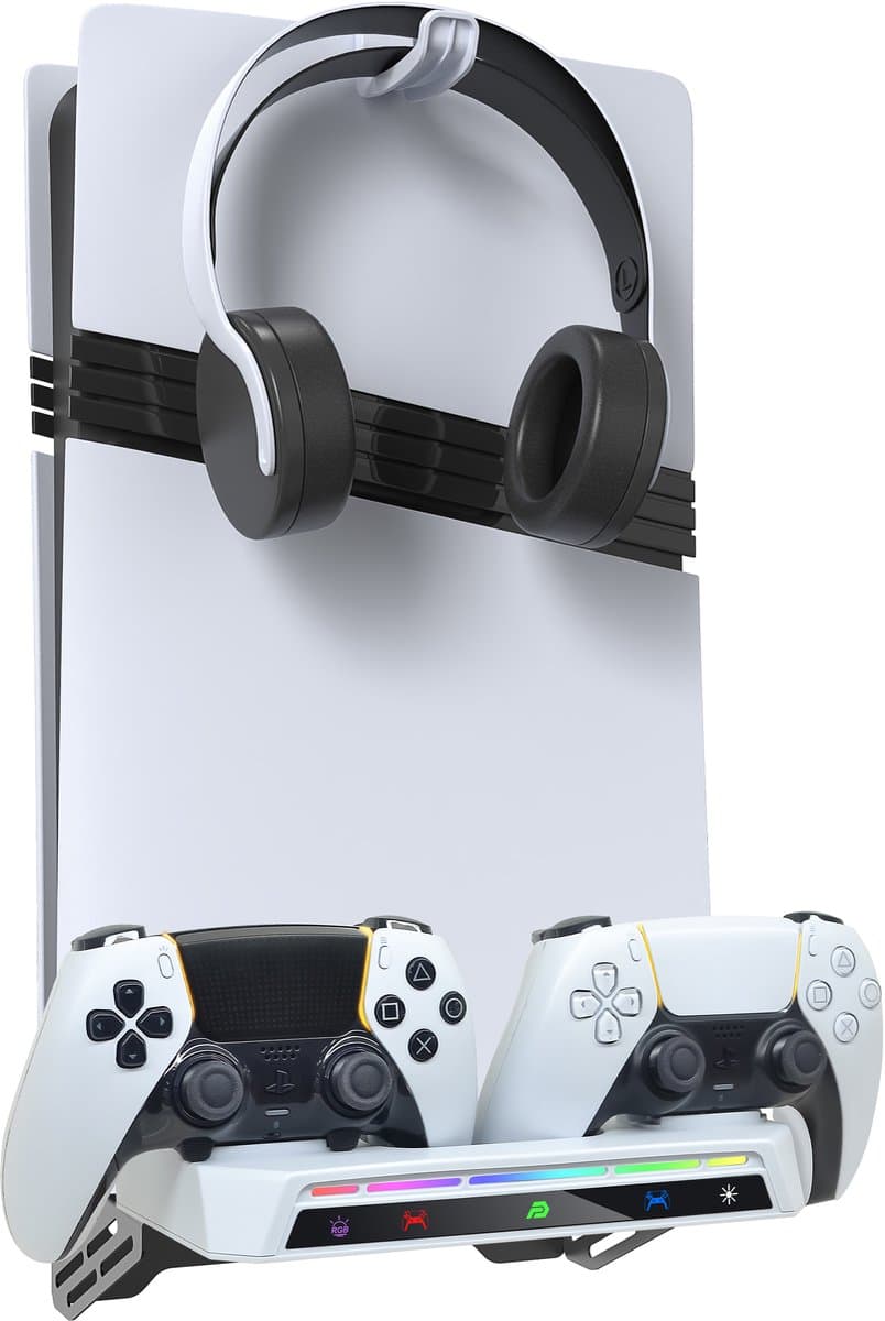 PlayCool 2-in-1 RGB Muurbeugel & Oplaadstation – Geschikt voor PlayStation 5 / PS5 Slim / PS5 Pro (Disc & Digital) – DualSense (Edge) Controller – Met LED Oplaadindicator