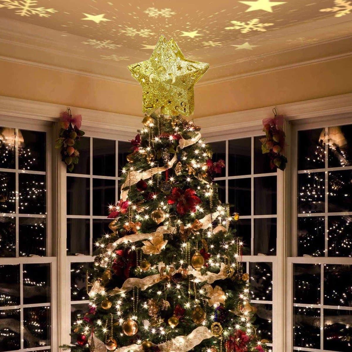 Meedeer Kerst Decoratie Kerstboom Topper-Kerstboom Topper Ster Verlicht met Ingebouwde Roterende LED-lampjes-Met Projectorlicht+5 Projectiekaart- Kerstversiering voor Kerstboom-voor Kerstmis, Feest, Binnenhuisdecoratie
