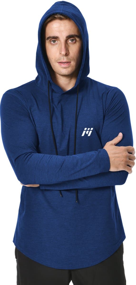 MEETYOO Heren Atletische Hooded Shirts Lange Mouw Workout Sport Hoodie Casual Hardloop T-shirt Snel Droog Pullover Top Sweatshirt (Het LOGO-patroon op de borst wordt willekeurig geleverd)-B-Blauw-XXL