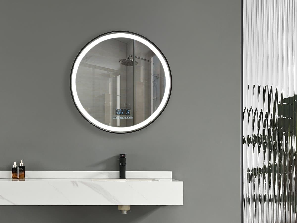 Mawialux LED Badkamerspiegel - 60cm - Rond - Mat zwarte rand - Verwarming - Digitale klok - Bluetooth - Josh