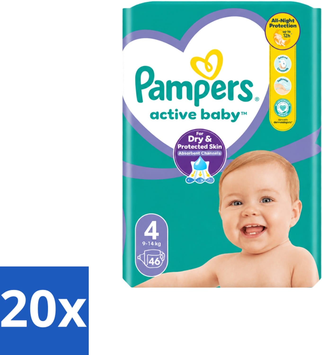 20 x Pampers – Luiers – Active Baby Maat 4 – 46 Luiers - Baby Luier - Baby Droog - Baby Comfort - Baby Nacht - Baby Huid