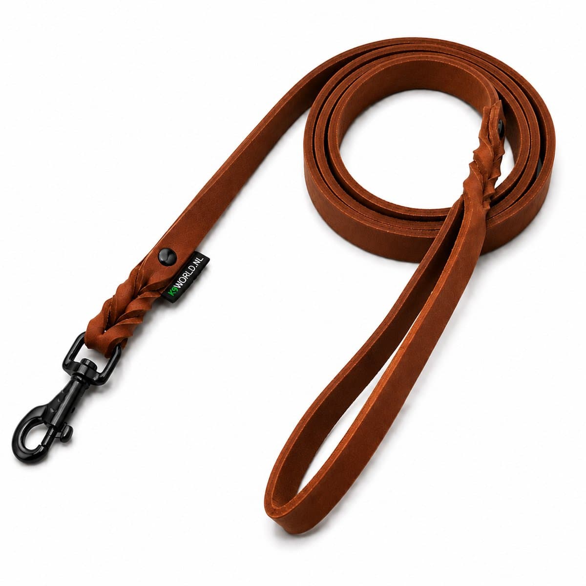 K9World by van der Veeke – Leren Hondenriem met Handvat – 1 Meter – 18 mm – Cognac bruin – Zwarte Musketonhaak – Handgemaakt