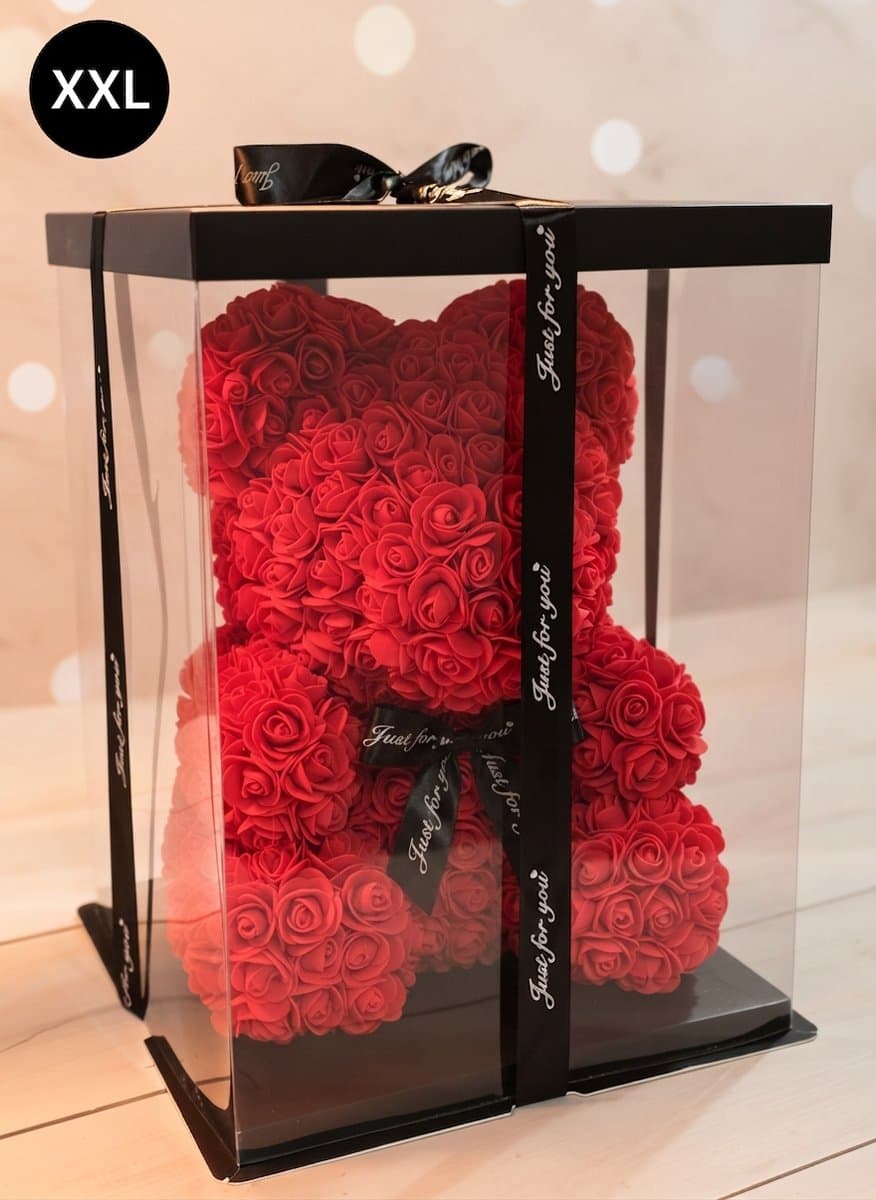 XXL - 40 cm - Rose Bear met strik & giftbox - Rozen Beer - Valentijn - Kerst - Romantisch Liefdes cadeautje - Cadeau voor vrouw - Huwelijk - Vriendin - Rood