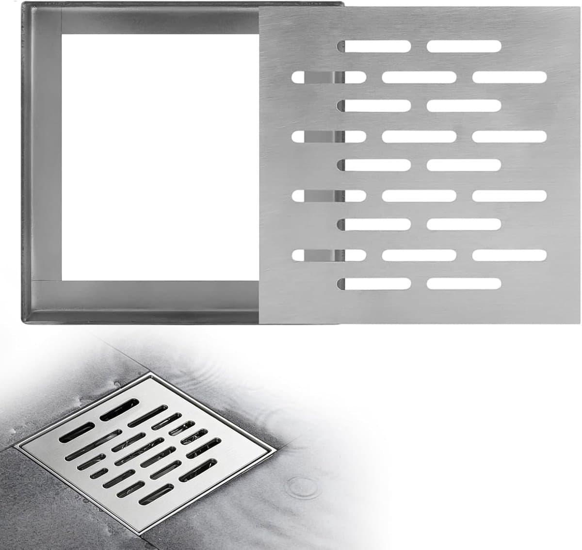 Bodemafdekking, vierkant afvoerrooster met frame, afvoerafdekking, verschillende maten, antislip, snelle waterstroom, voor badkamer, tuin, binnen en buiten (250 x 250 x 20 mm)