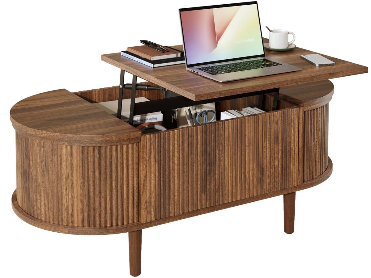 Ovale salontafel in hoogte verstelbaar - Met opbergruimte - Vintage stijl walnoot - Woonkamer - 100x48 cm