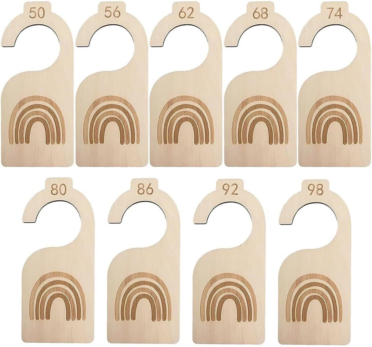 Houten maatscheiders voor babykleding, 9 stuks, maten 50-98, met regenboogmotief