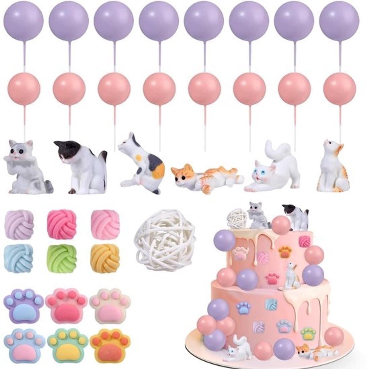 Dailygoods- Cupcake Toppers 35 Stuks - Schattige Kattenfiguren - Taartdecoratie - Katten Verjaardag Decoratie - Veilig Materiaal - Levendige Kleuren