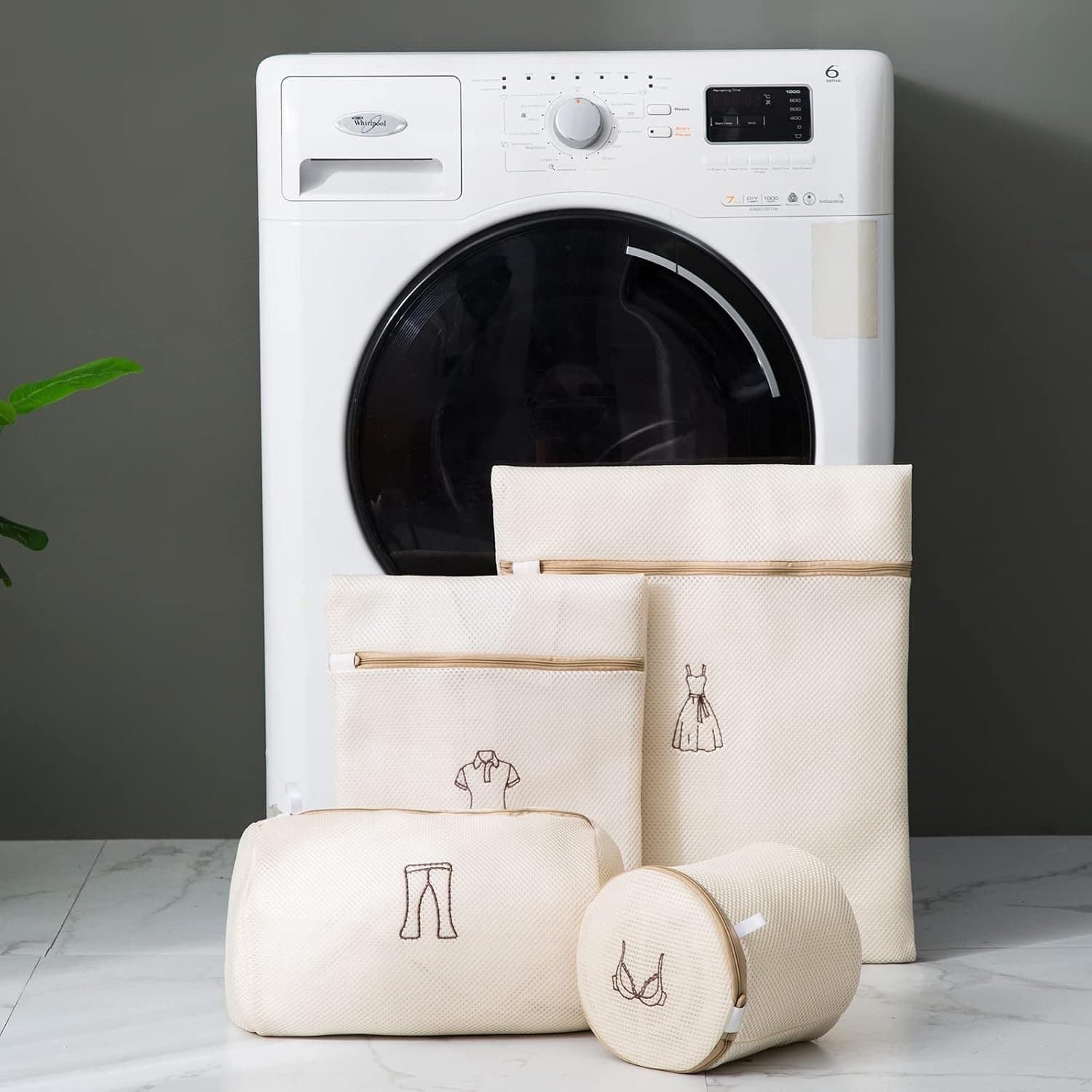 4 Mesh Wassen Zakken Set, Dubbellaags Dikke Wasnetten met Rits (Beige)