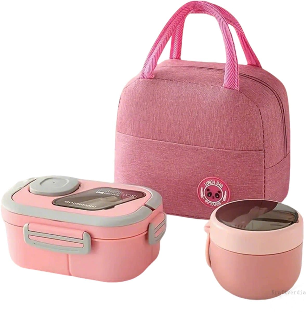 Kraftverdia - Lunchbox Set 1200+600ml - Yoghurt en Muesli beker to go - broodtrommel met sausbox en bestek - Lunchpot met Isolerende Draagtas -Bento box voor volwassenen en kinderen - Voor Werk, School, Picnic - Roze