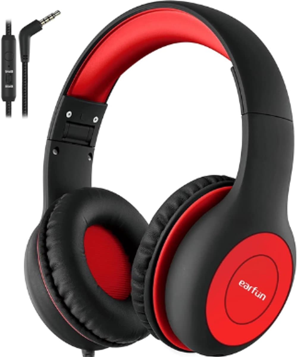 EarFun K1 Kids - Bedrade Kinderkoptelefoon - 85 dB Volumebegrenzing - Microfoon - Opvouwbaar - Zwart/Rood