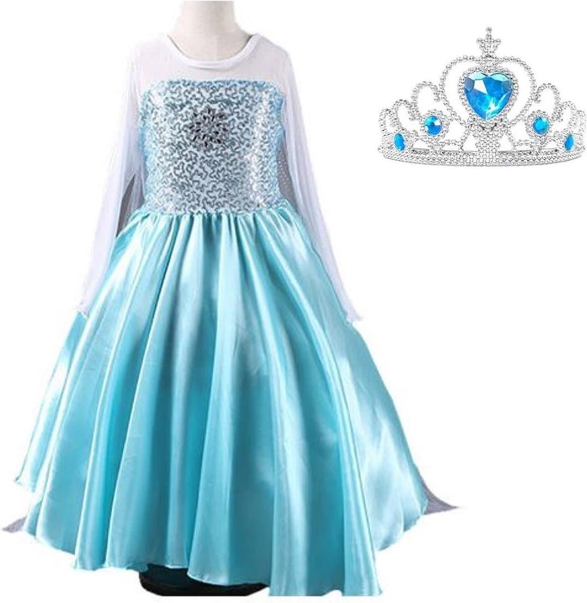 La Señorita Elsa jurk Ster 130 met sleep + blauwe kroon maat 122-128 Prinsessenjurk meisje blauw Verkleedkleren meisje