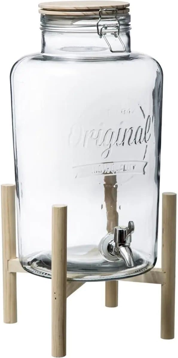 Secret the Gourmet drankdispenser - transparant - 8 liter - glas/kunststof/hout - sapdispenser - limonade dispenser - feestservies