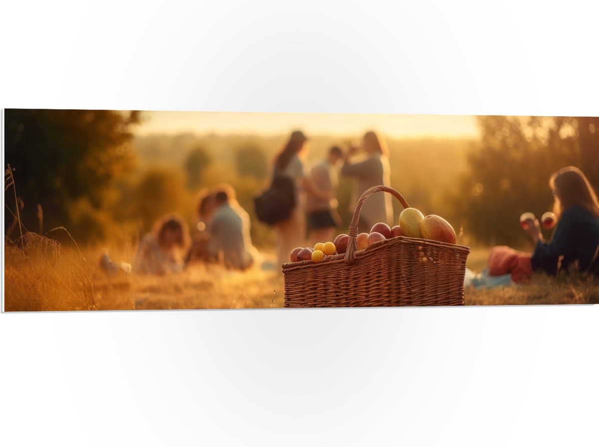PVC Schuimplaat- Picknick - Mand - Eten - Fruit - Mensen - Veldje - 120x40 cm Foto op PVC Schuimplaat
