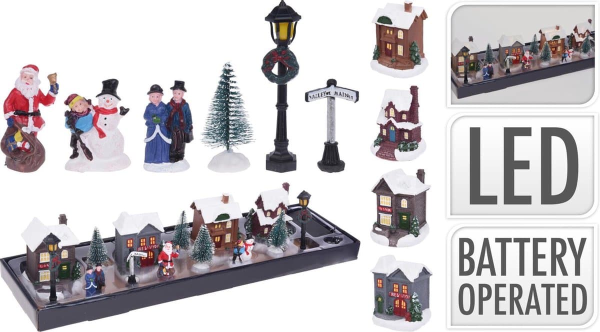 Koopman Kerstmis Dorp LED Set - 14 stuks, 4 Huizen, 2 Bomen, 3 Figuren