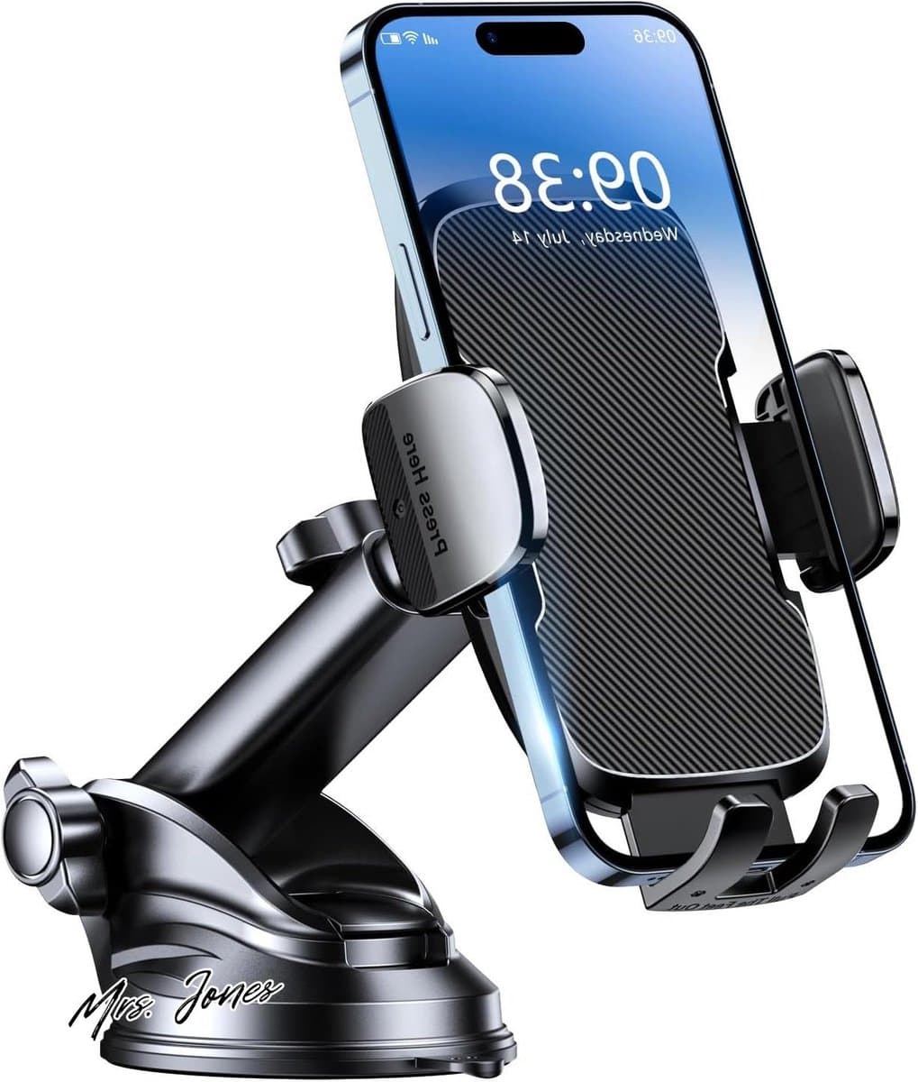 Mrs. Jones Premium Collection Mobiele telefoonhouder auto - Zuignap - Superstabiele basis - Siliconen bescherming - Eenknops-release - Dashboard - Voorruit - 4.0-7.0 inch