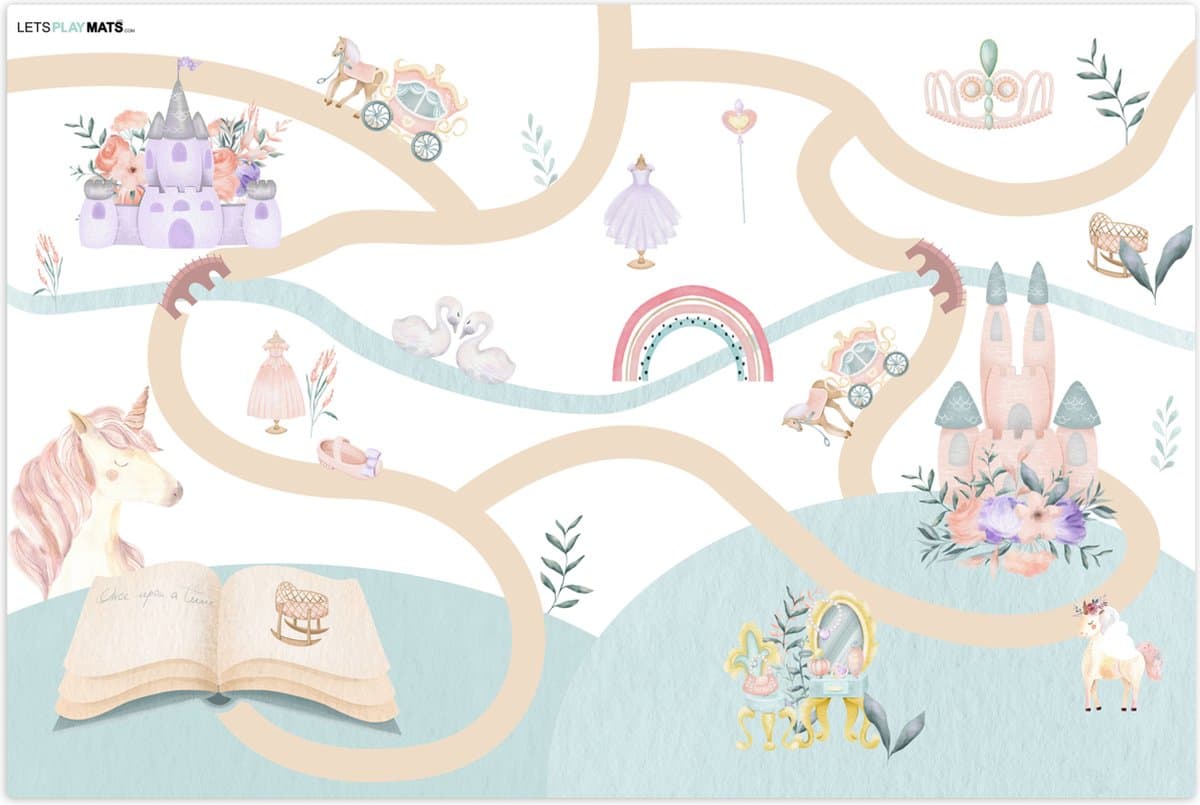 LetsPlaymats® Speelmat baby kinderen - Prinses - Kasteel - Bloemen - Eenhoorn - Meisjes - Speelkleed van vinyl – Speeltapijt - Antislip - 135x90 cm