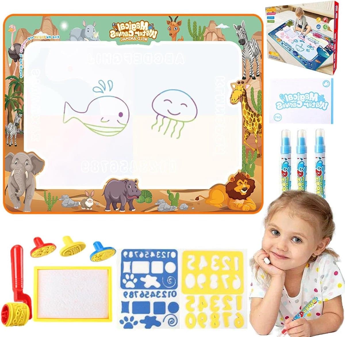 Waterkrabbelmat - Tekentablet Mat - Kinderen Leren Tekenen - Zonder Rommel - 150 x 90 cm - Afrikaanse Dieren