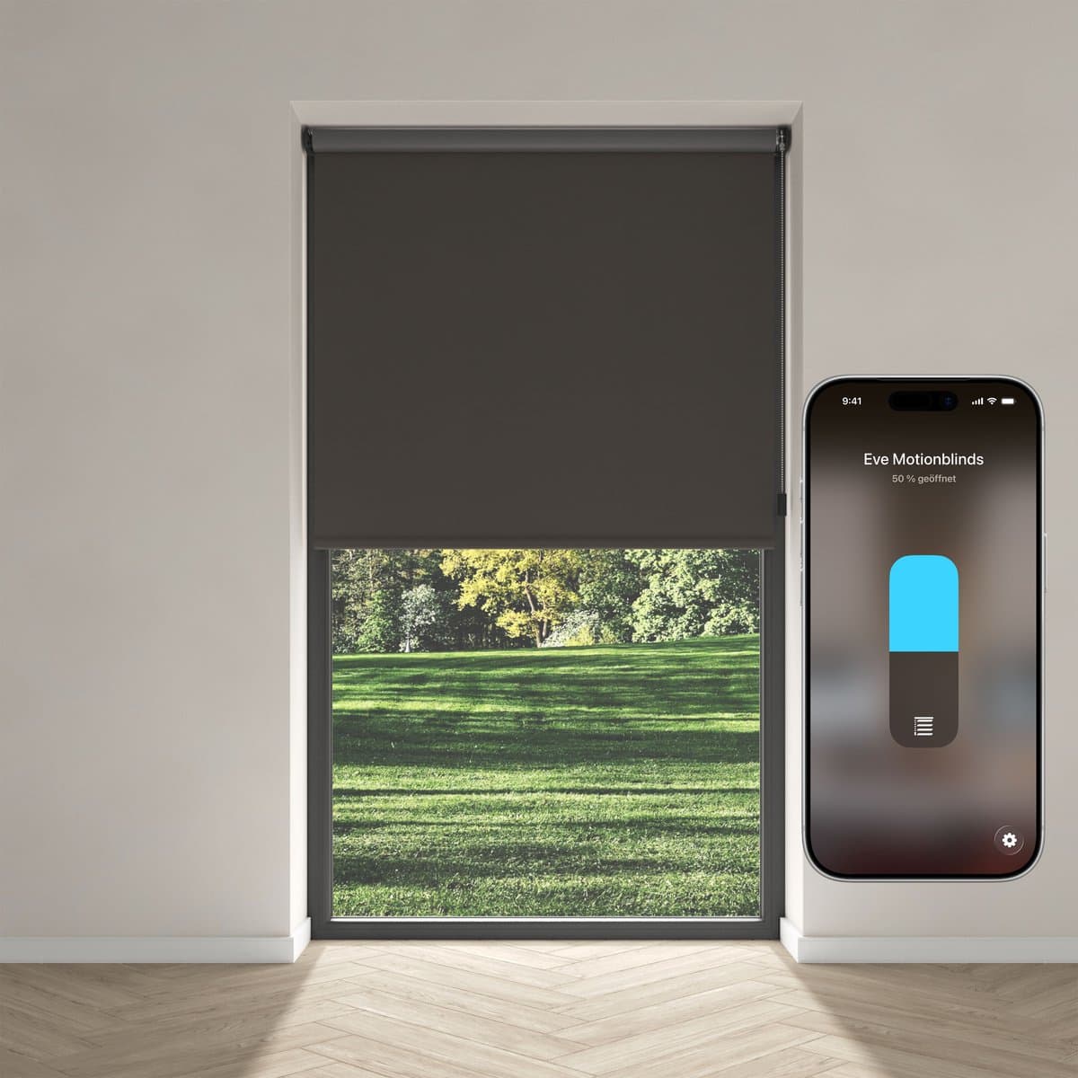 Eve Motionblinds (Matter) - Slim elektrisch rolgordijn voor binnen, app-/spraakbediening, schema's, verduisterend, oplaadbare accu, vrijhangend, schroefmontage, automatiseringen, vereist een hub, antraciet - 230x190cm