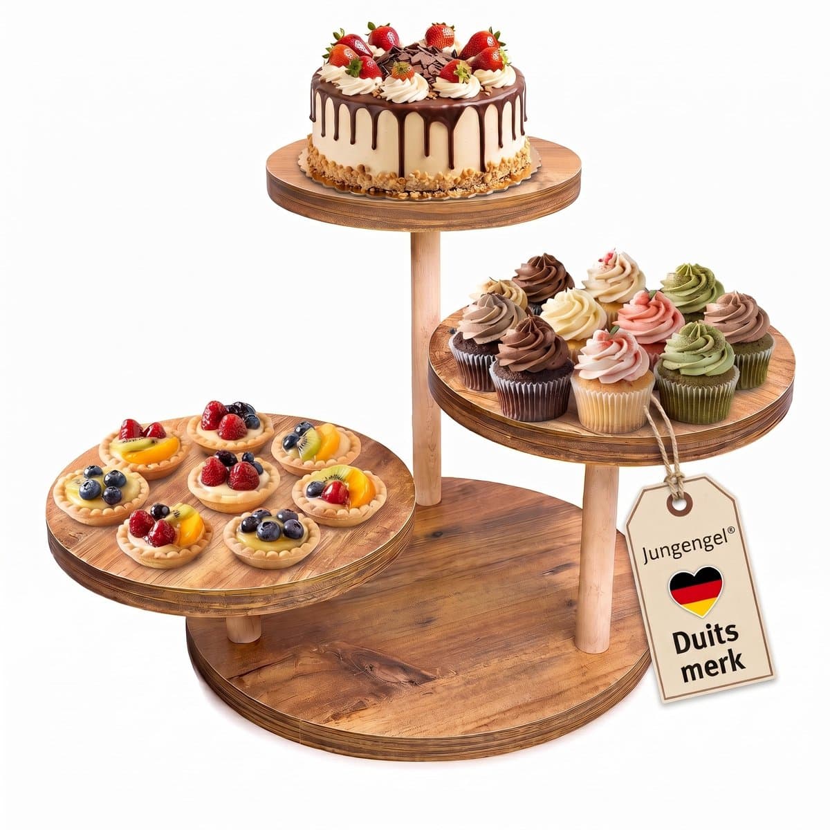 Jungengel Etagere 3-Laags Hout - Cupcakestandaard Taartenstandaard - Bruin 33 cm