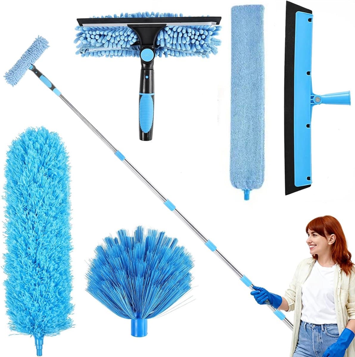 5-in-1 telescopische raamwisser en stofdoek set, microvezel-stofwisserset met 4,2 m uitschuifbare steel, spinnenwebborstel, ventilatorbladenreiniger, raamwasser en trekker voor hoge ramen, plafonds, ventilatoren en auto's