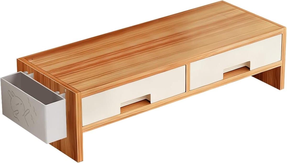Monitor Verhoger - Bureau Organizer - Ergonomisch Werken - Dubbele Lade - 50 cm - Houtkleur