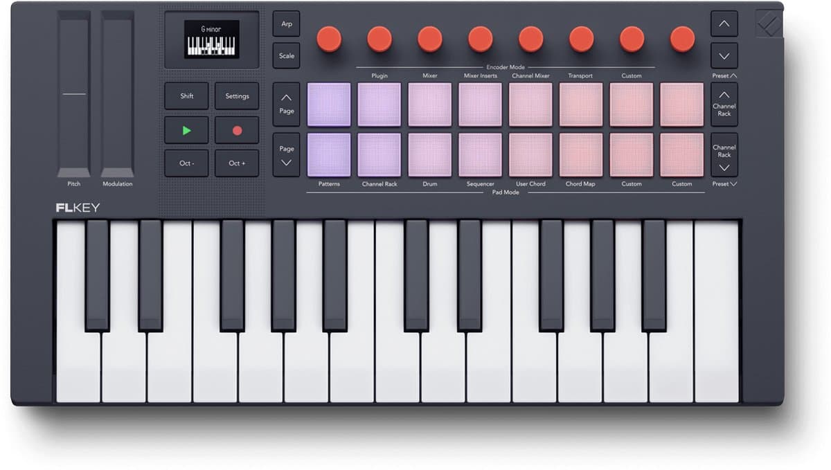Novation FLkey2 Mini 25 toetsen, 16 pads, 8 knoppen, OLED display, grijs