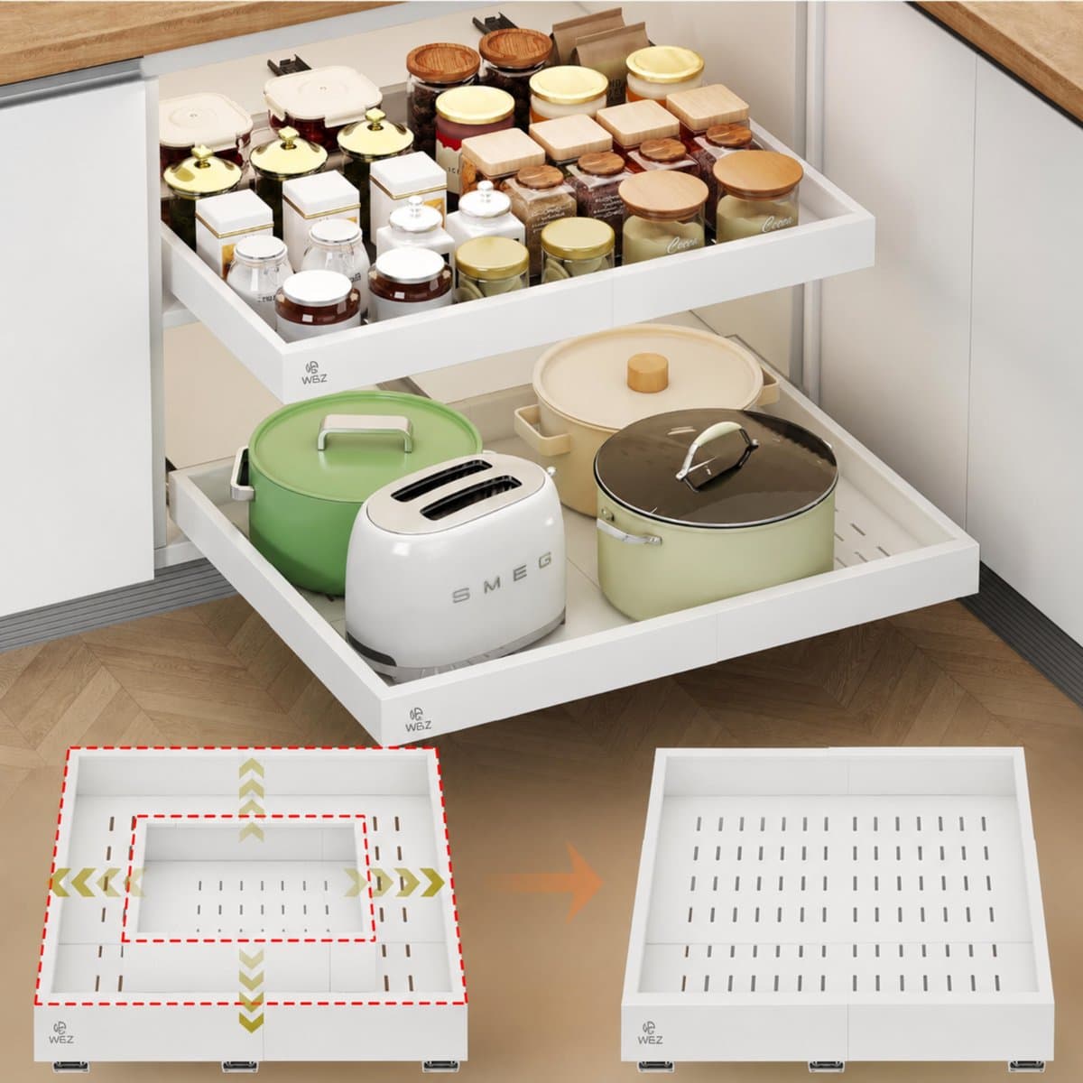 W&Z Schuiflade keukenkast– Keukenkast Organizer – Gootsteenkast/Lade Organizer - binnenlade keuken – Uittrekbaar en Verstelbaar (32-52 cm) – Telescopisch – Wit - Schuif lade