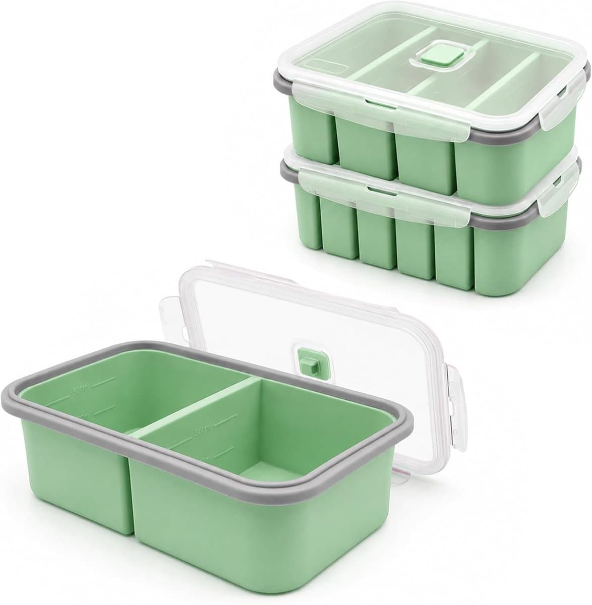 invriescontainers, 3 stuks siliconen vriesvorm met deksel, soep vriezer ijsblokjesvorm, vriescontainer, siliconen vorm meal prep, siliconen vormen invriezen voor ijsblokjes, bouillon, saus