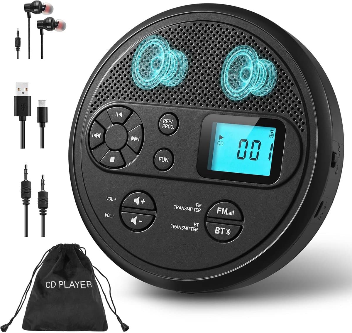 ZOSUDULL-CD Speler-Draagbare CD Speler met FM-zender voor in de Auto-CD Speler Bluetooth TX/RX - USB-C, Anti-Skip, USB, 1500 mAh Accu, Speaker, AUX en Slaaptimer - Grijs