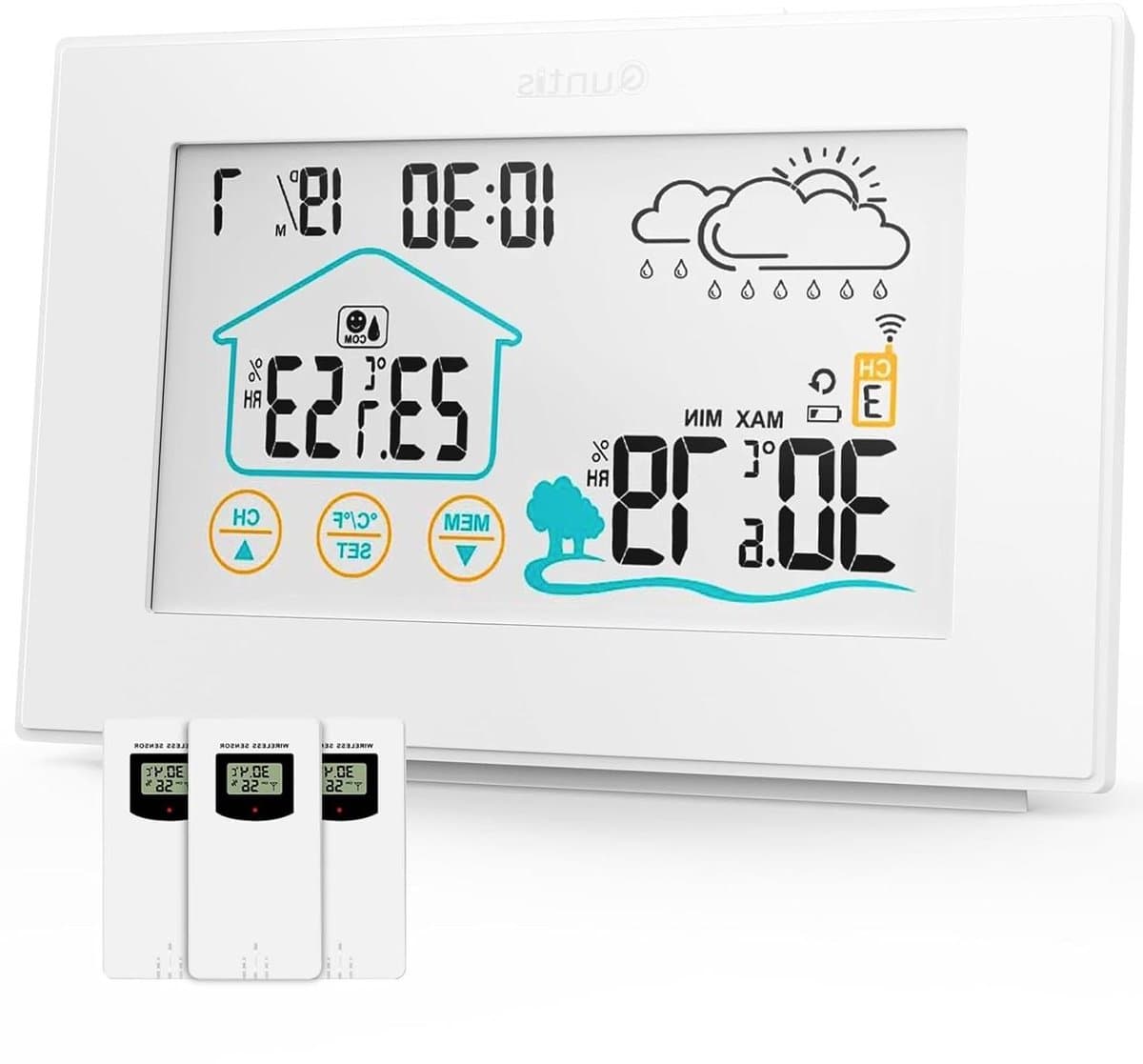 Draadloos Weerstation - Binnen Buiten - Weer Monitoren - Drie Buitensensoren - 60m Bereik - Wit