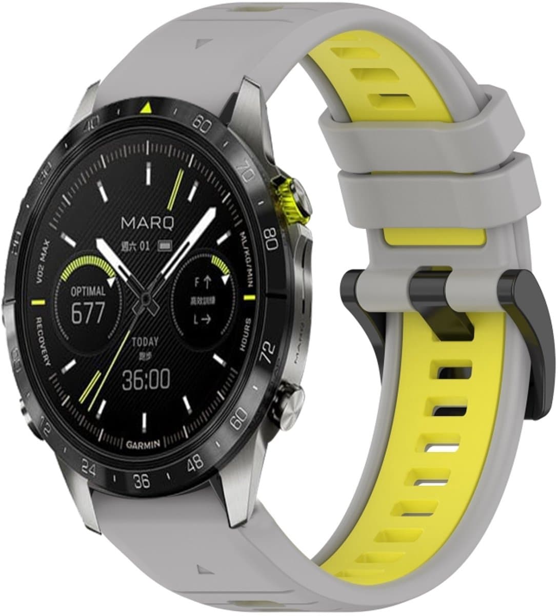 Voor Garmin MARQ Athlete 22 mm sport tweekleurige siliconen horlogeband (grijs + geel)