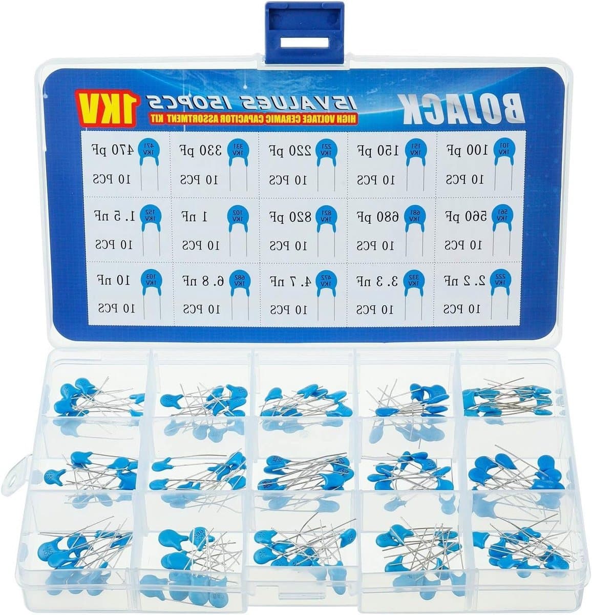 Assortiment van 150 stuks keramische condensatoren van 1KV met capaciteiten van 100pF tot 10nF voor elektronica projecten