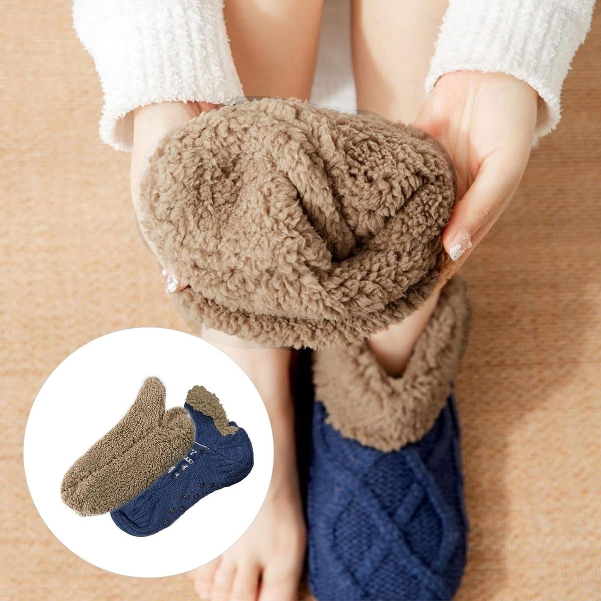 Dikke Fleece Gevoerde Slippersokken voor Dames en Heren - Warm, Antislip en Comfortabel voor Thuisgebruik in de Winter (Navy Blauw)