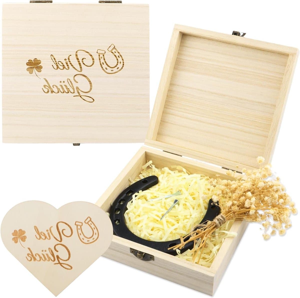 Hoefijzer geluksbrenger met hartvormige houten hanger, gedroogde bloemen en raffia voor verjaardag, bruiloft, doop of geboorte decoratie