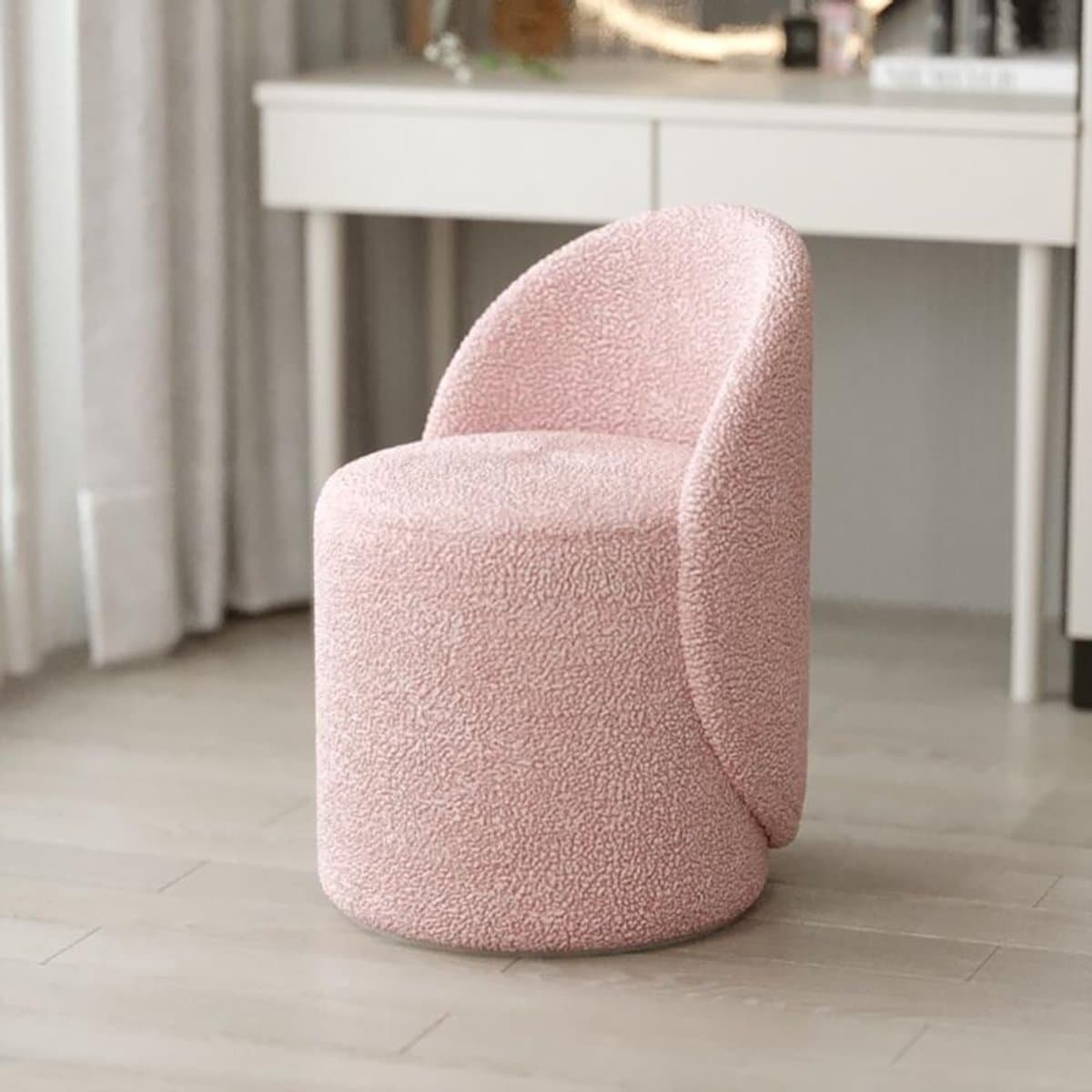 Accent Stoel - Kaptafel Kruk - Make-up Zitten - Gebogen Rugleuning - Ronde Basis - Crèmewit
