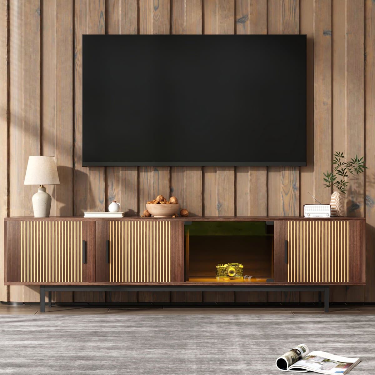TV-kast - Lage basis met gebeeldhouwde textuur - Met led-stripverlichting en deuren van gehard glas