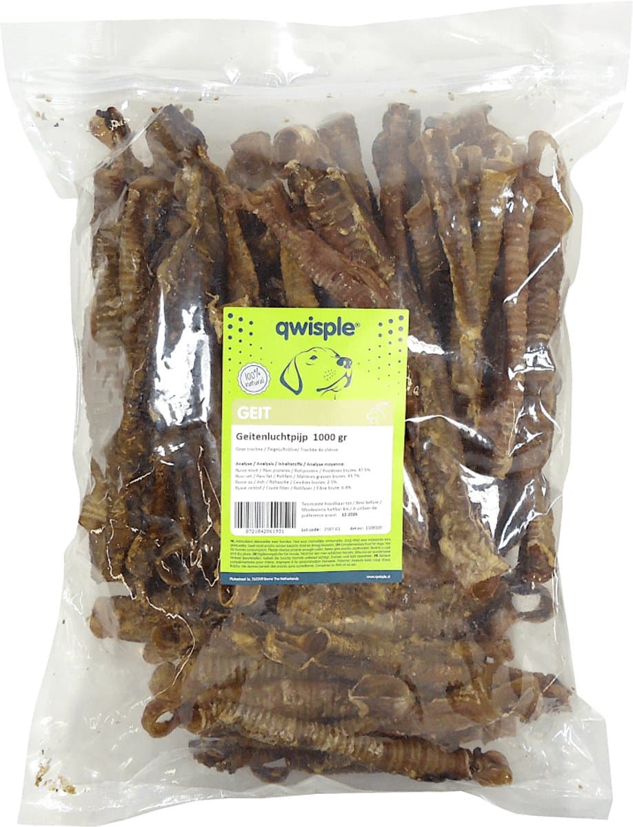 Qwisple Geitenluchtpijp - 100% Natuurlijke Hondensnacks Gedroogd - Hypoallergeen - 1000 gr