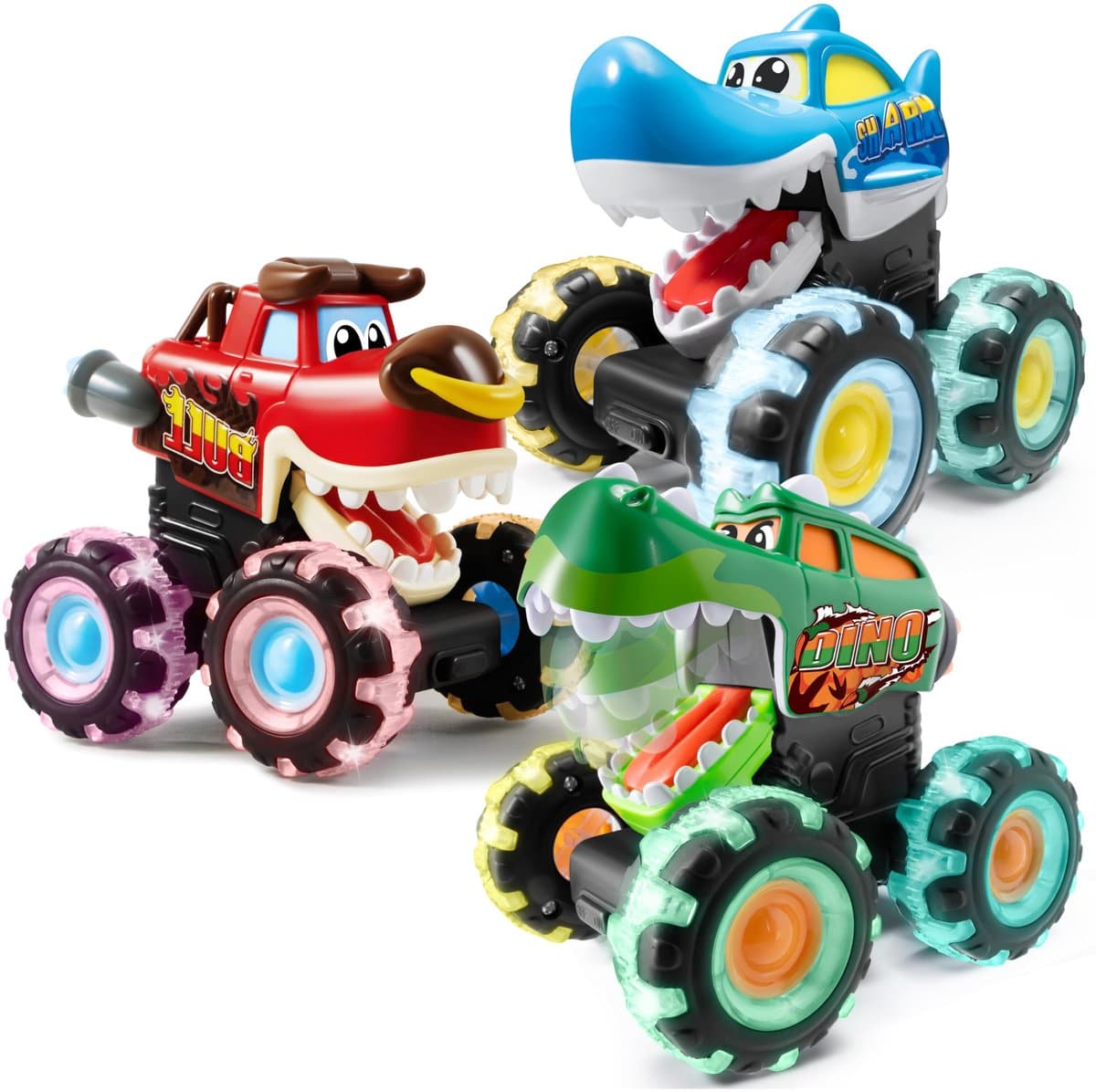 3-delige Monster Truck Speelgoedset - Bewegingsgeactiveerde LED Licht Auto's voor Peuters, Druk-en-Rij Speelgoedauto voor Jongens, Verjaardagscadeau