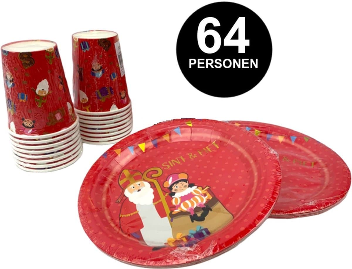 Sinterklaas wegwerp Servies Set - Borden en Bekers - 64 personen