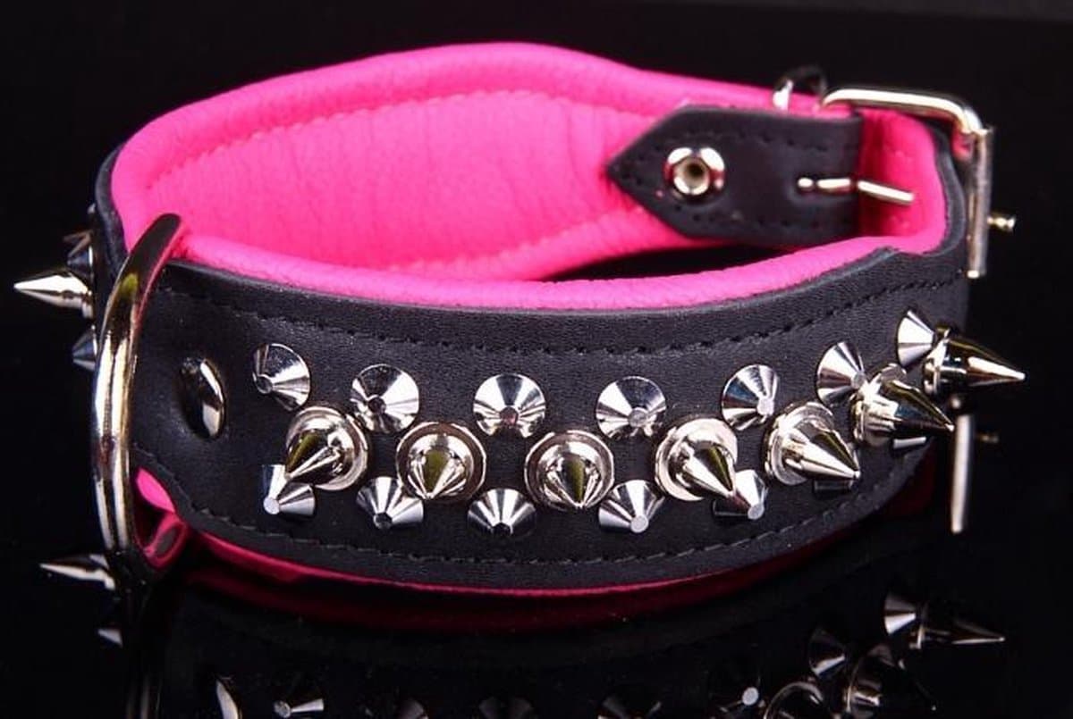 Dog's Companion Leren Halsband - met Spikes - Lengte: 50cm Verstelbaar van: 40-47 cm x 40 mm - Zwart/Roze
