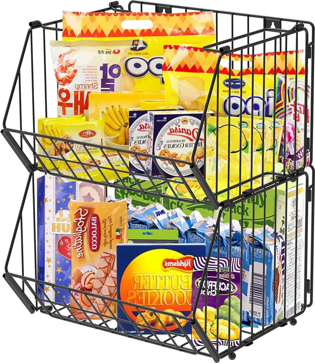 Grote stapelbare metalen draad opbergmand - multifunctionele organizer bakken voor keuken bijkeuken vriezer badkamer en kantoren - zwart (set van 2)
